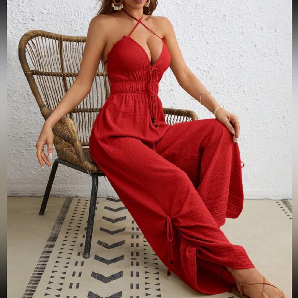 Red Ruched Cross Cross Backless Open Back Wide Leg Jumpsuit